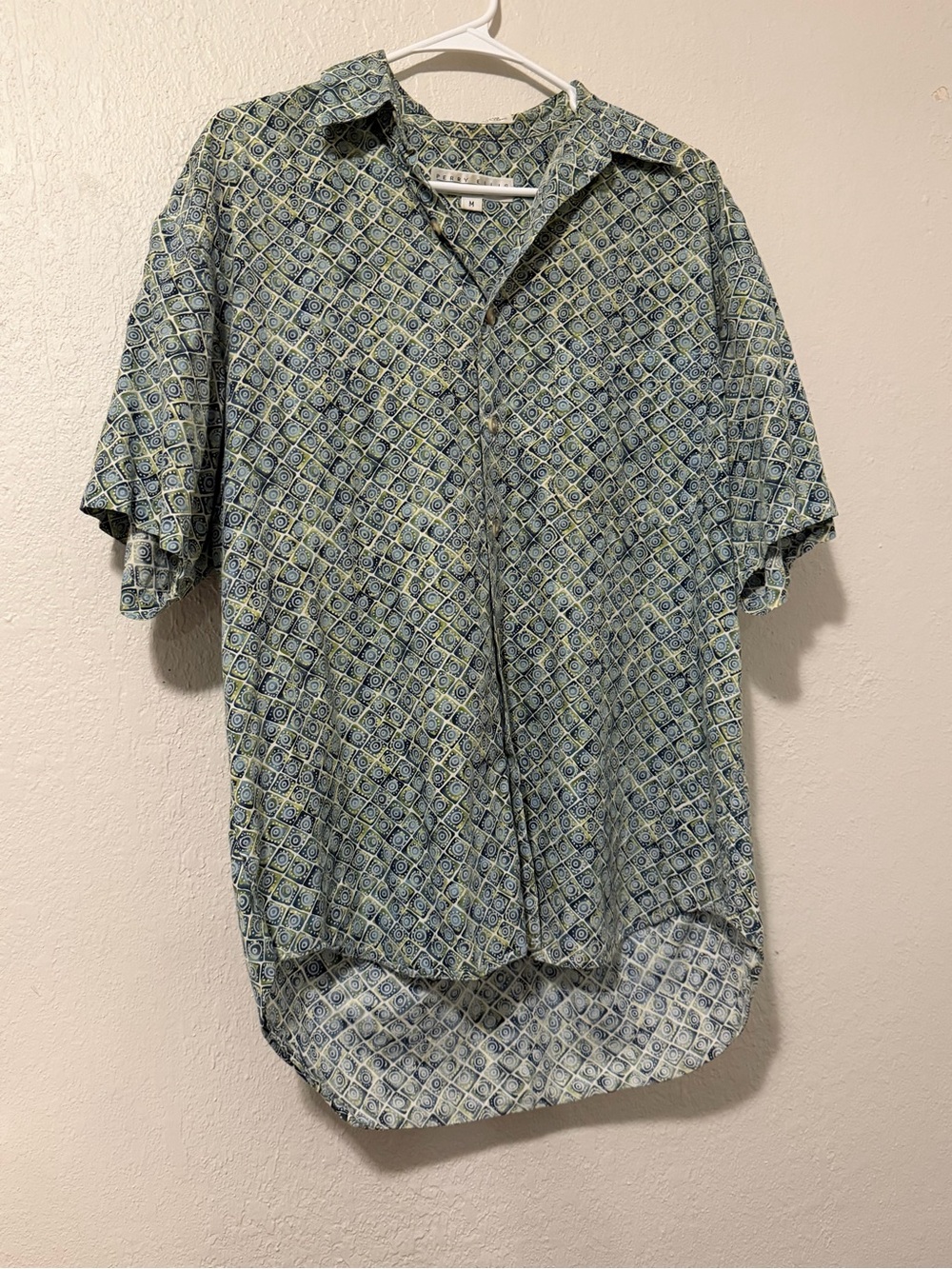 Perry Ellis Short-Sleeve Button-Down Shirt in Blue and Green Geo Print